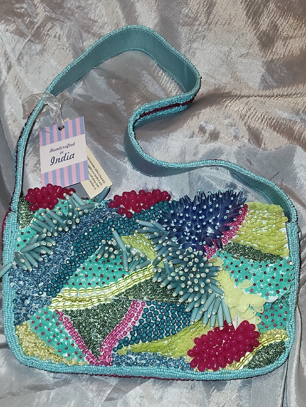 Handcrafted In INDIA Turquoise Beaded SHOULDER Bag CORAL REEF COSTAL EA Rt Hs